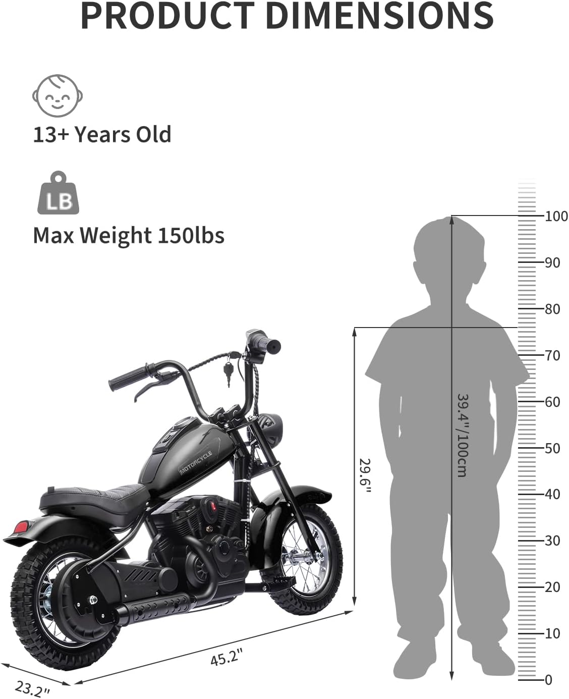 Kids Electric Dirt Bike 250W Chain-Driven Motor, 14-15 MPH Top Speed, LED Lights, Handbrake & Shock Absorbers, 150 lbs Capacity, Black