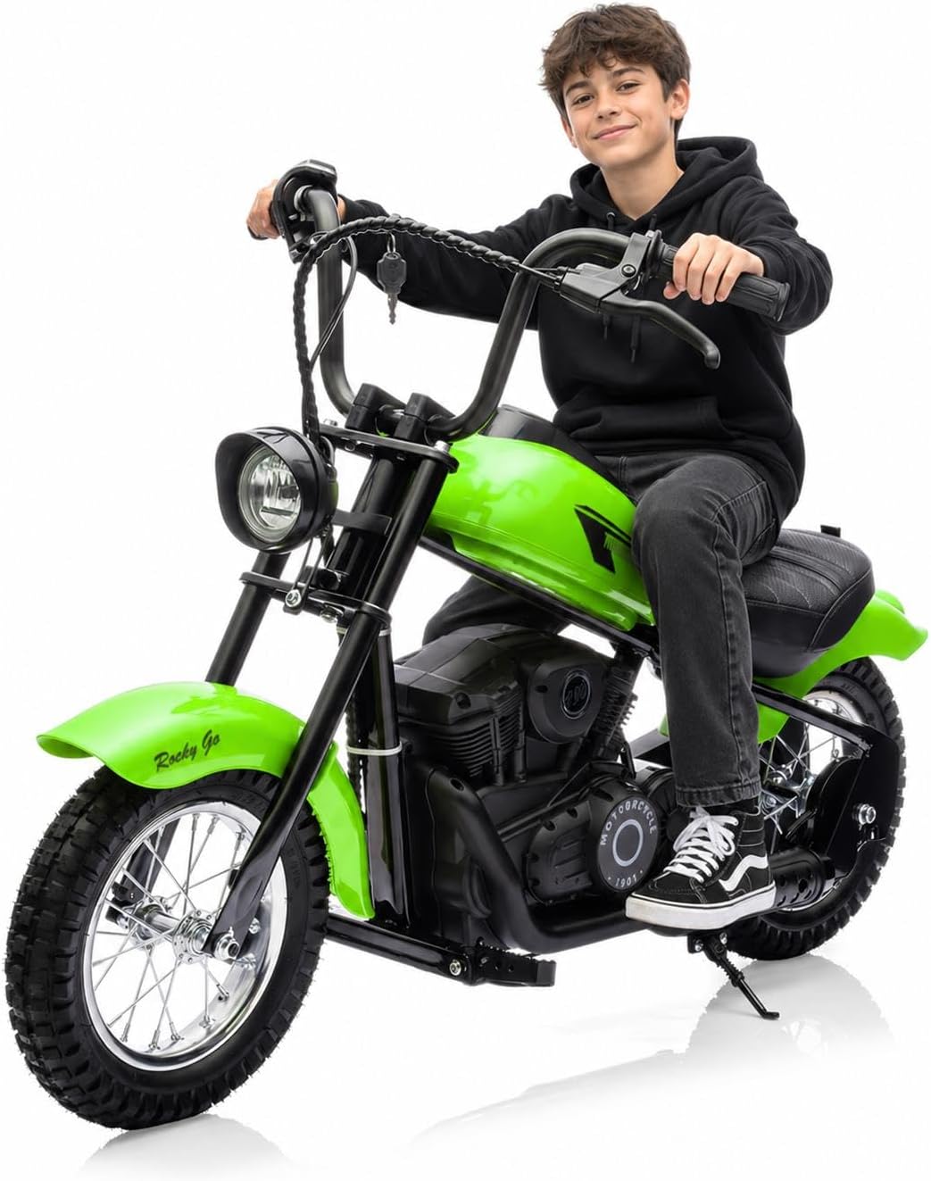 Kids Electric Dirt Bike 250W Chain-Driven Motor, 14-15 MPH Top Speed, LED Lights, Handbrake & Shock Absorbers, 150 lbs Capacity, Black