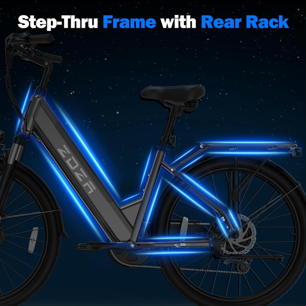 1000W Peak Electric Bike for Adults – Step-Through Commuter E-Bike with 7-Speed Gear System & Rear Cargo Rack