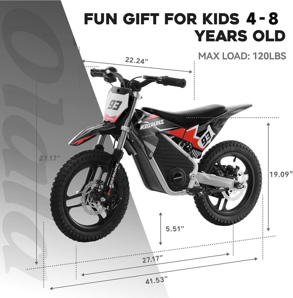 36V Electric Dirt Bike for Kids, 350W Brushless Motor, 3-Speed Control, Up to 18.6 MPH, 14-Inch Off-Road Tires, Black