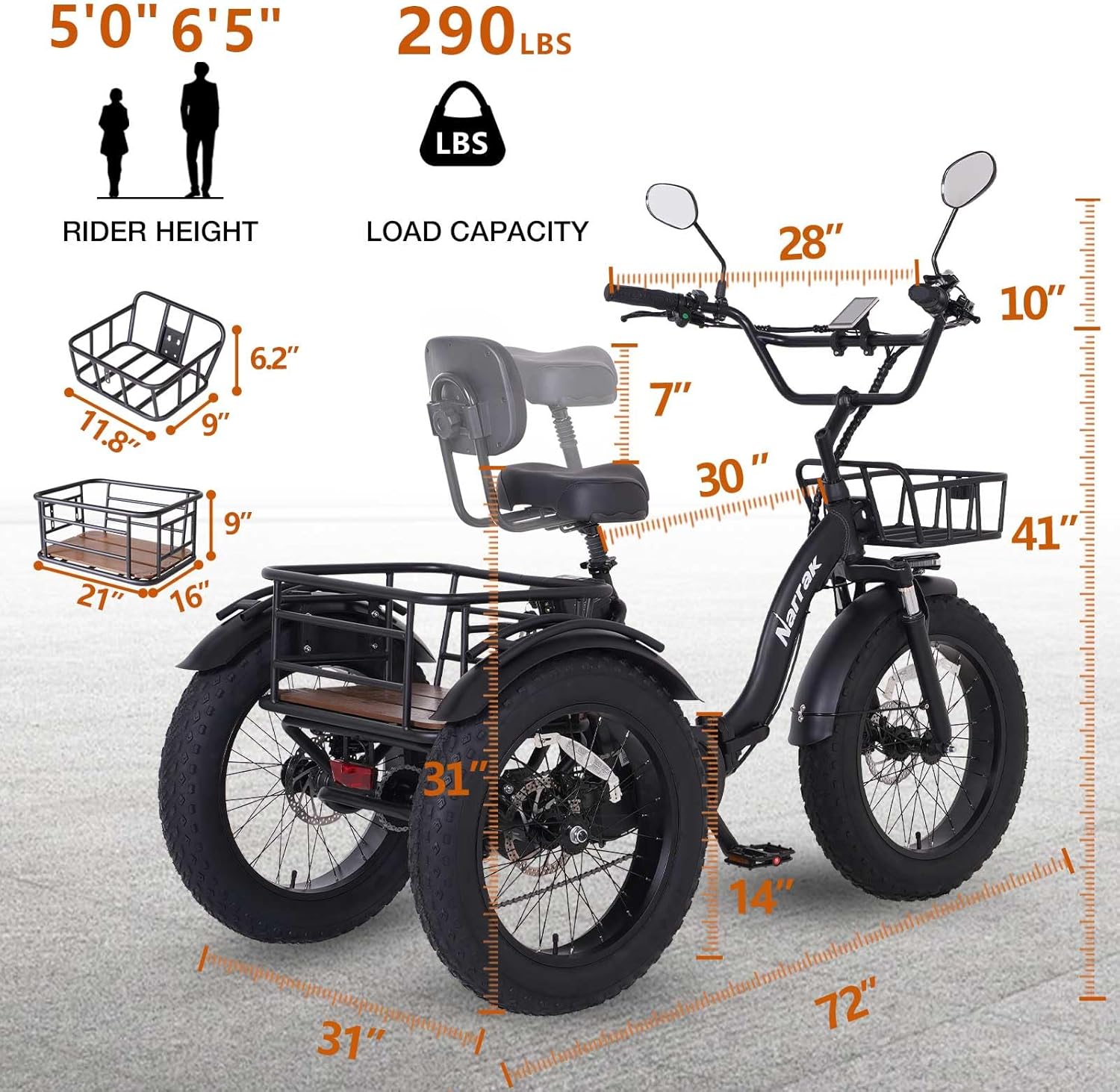 1350W Peak Folding Electric Tricycle for Adults – Fat Tire 3-Wheel E-Trike with Large Rear Basket & Removable Battery