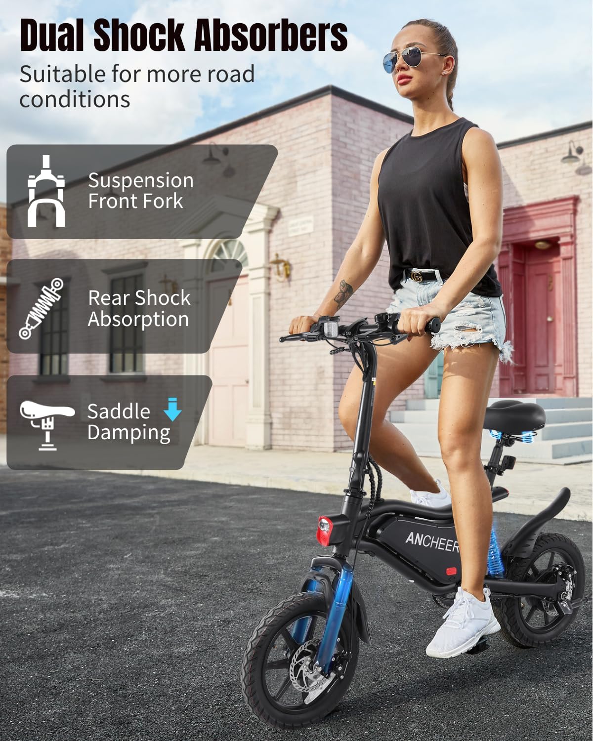 14-Inch Folding Electric Bike for Adults & Teens – Compact City E-Bike with Triple Suspension and Cruise Control
