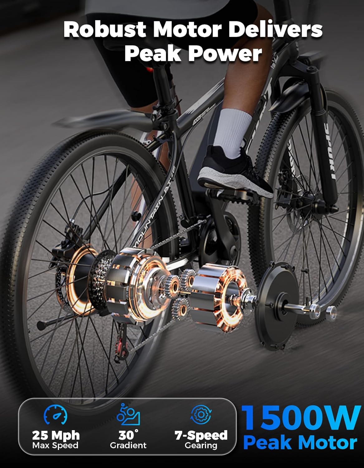 1500W Peak Electric Mountain Bike for Adults – 26-Inch Commuter E-Bike with 7-Speed Gears, Up to 25 MPH & 65-Mile Range