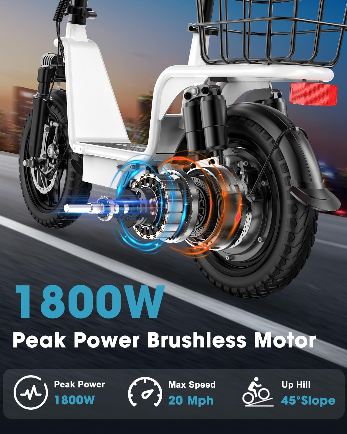 Foldable Electric Scooter with Seat for Adults, 1800W Peak Motor, Up to 42 Miles Range, 20 MPH Top Speed, Rear Basket & 330 lb Capacity