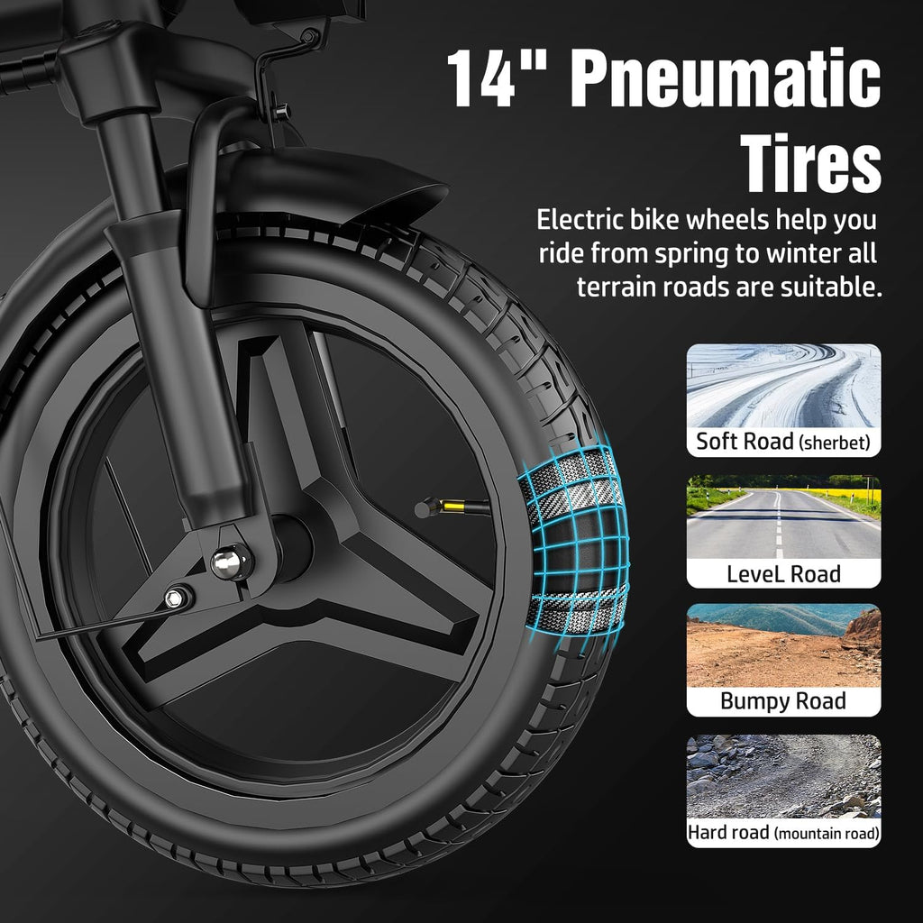 Folding Electric Bike for Adults & Teens – Up to 1200W Peak Motor, 14-Inch Portable E-Bike with Dual Suspension, 3-Speed Modes, Up to 25 MPH & 45-Mile Range