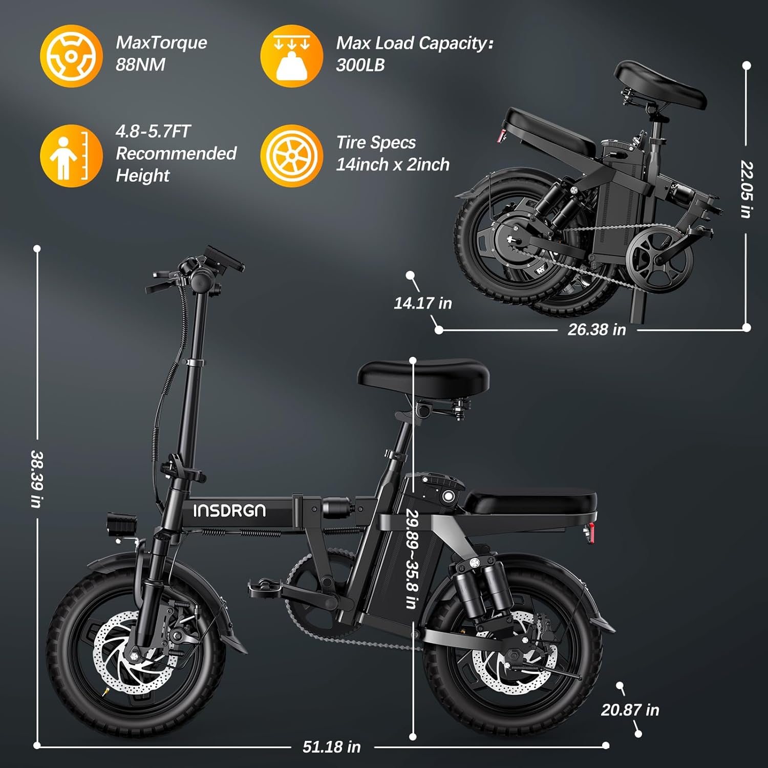 14" Folding Electric Bike for Adults, 1500W Peak Motor, Up to 20 MPH, Compact Commuter E-Bike with Long-Range Battery