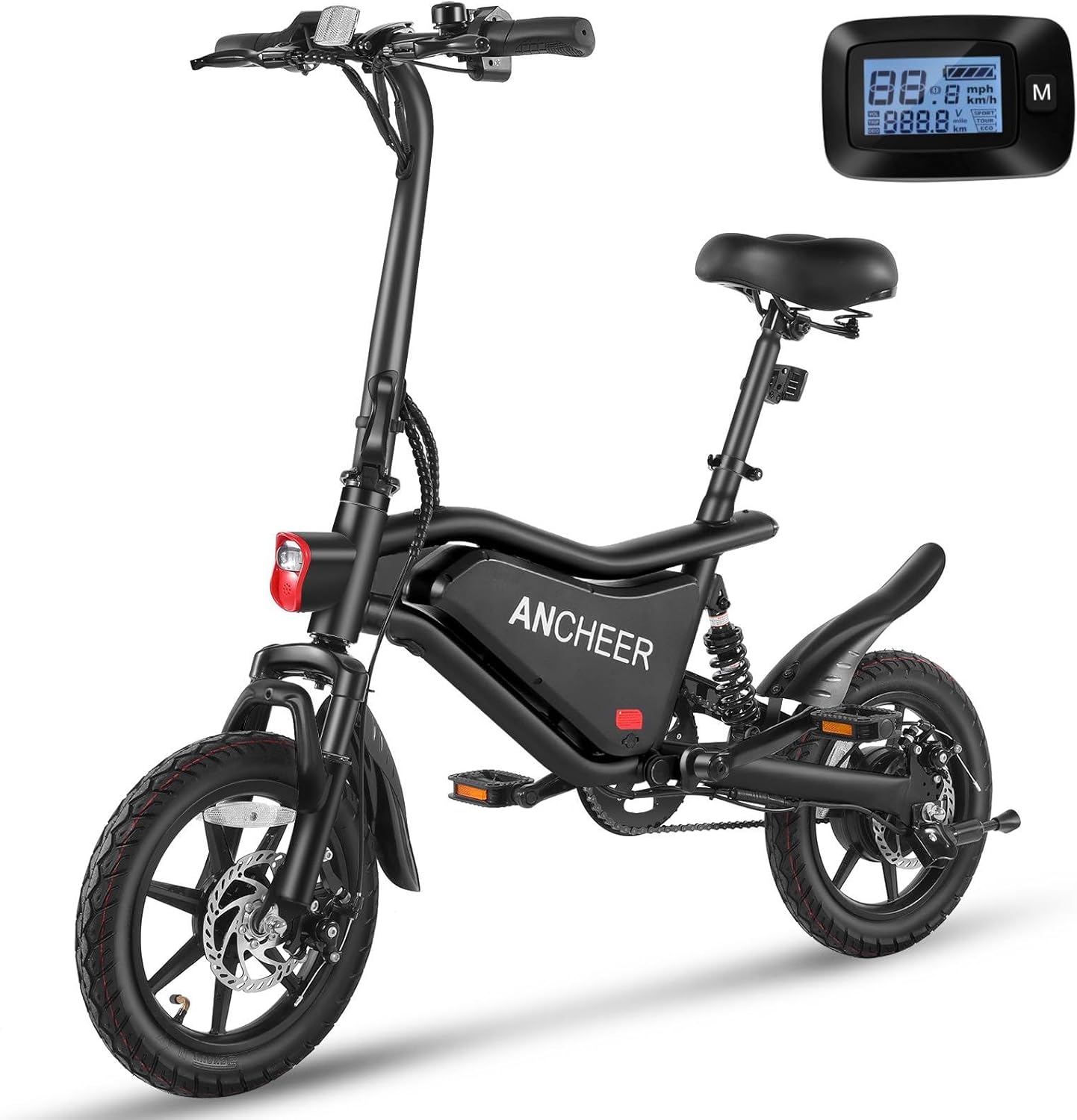 14-Inch Folding Electric Bike for Teens & Adults – 500W Motor, Compact City E-Bike with Triple Shock Absorption, Cruise Control & Brake Taillight