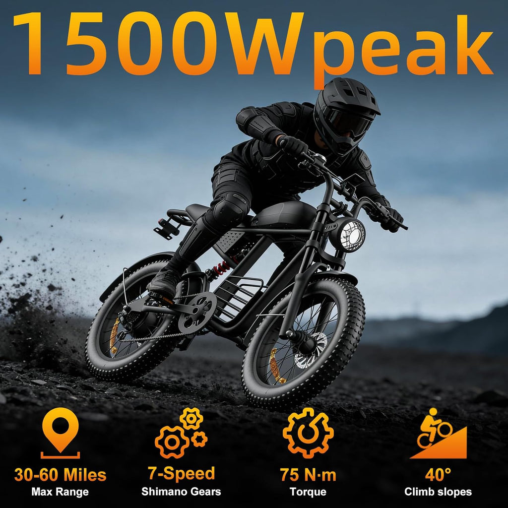 3000W Peak Electric Bike for Adults – 20" Fat Tire Moped E-Bike, 35 MPH Top Speed, Up to 65 Miles Range