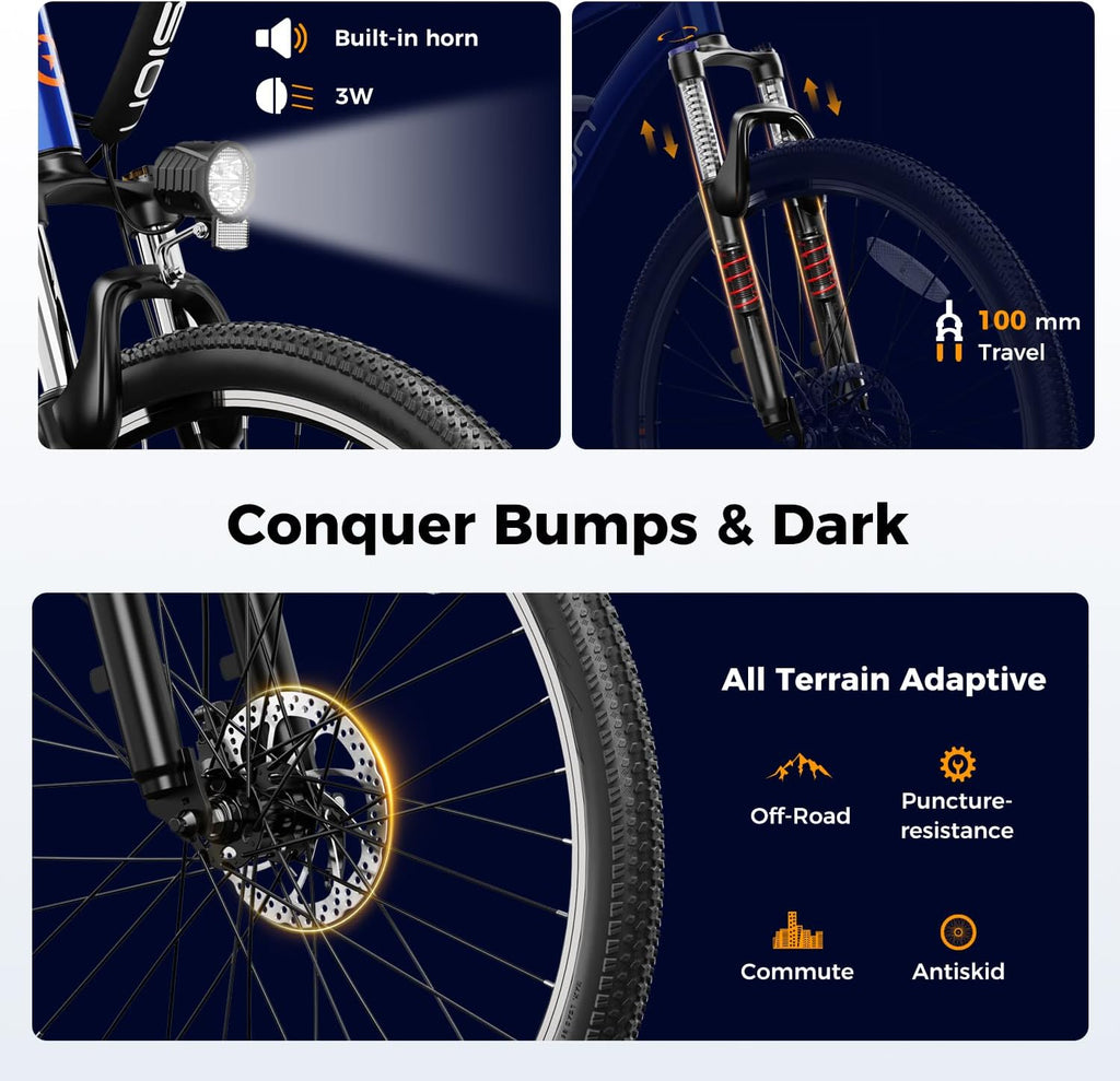 26" Electric Mountain Bike for Adults – Peak 1000W Motor, 20 MPH, 40-Mile Range, 7-Speed
