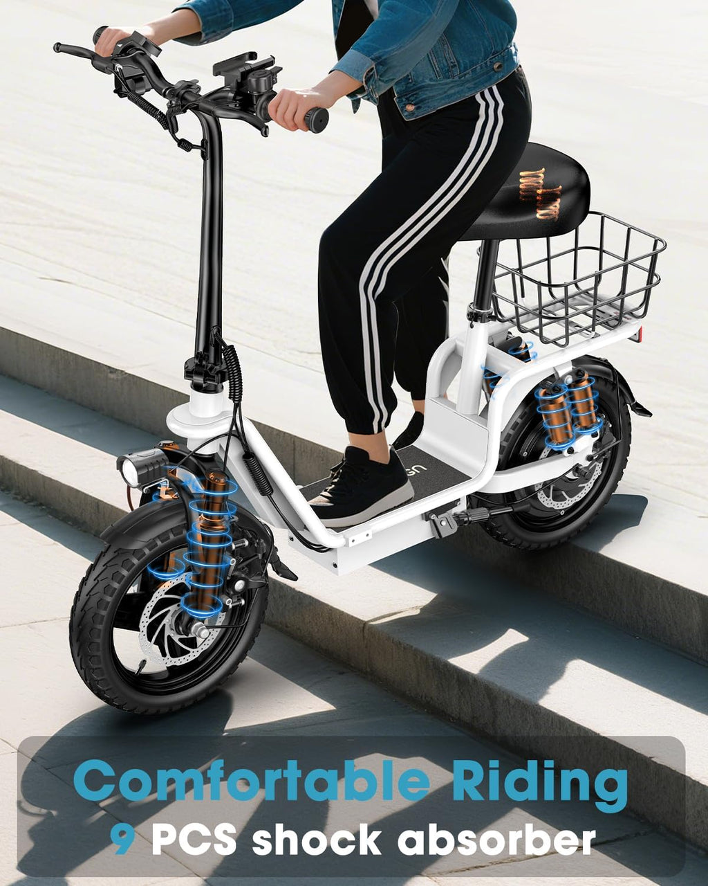 Foldable Electric Scooter with Seat for Adults, 1800W Peak Motor, Up to 42 Miles Range, 20 MPH Top Speed, Rear Basket & 330 lb Capacity
