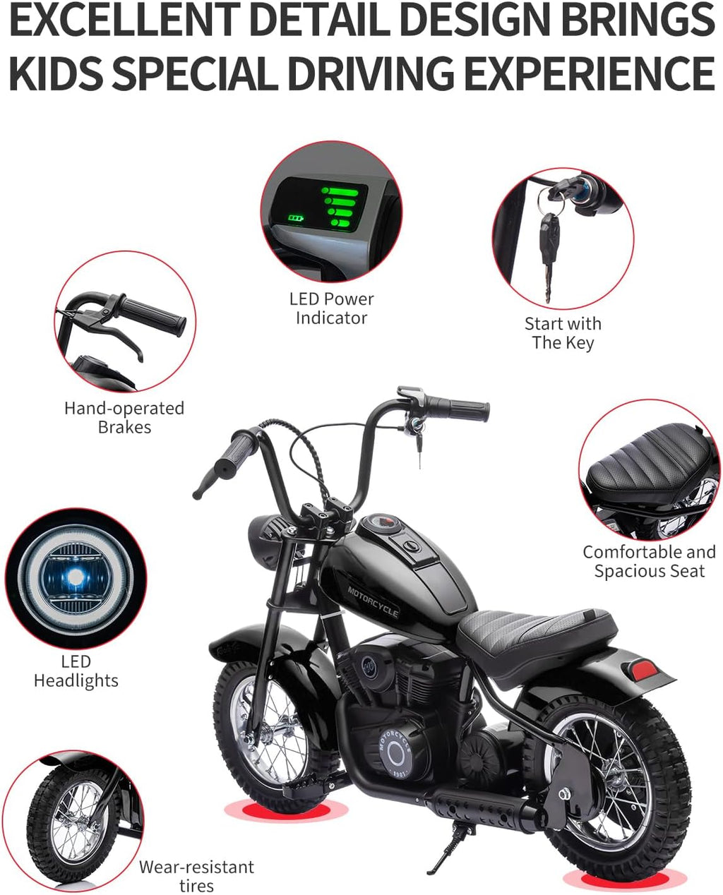 Kids Electric Dirt Bike 250W Chain-Driven Motor, 14-15 MPH Top Speed, LED Lights, Handbrake & Shock Absorbers, 150 lbs Capacity, Black