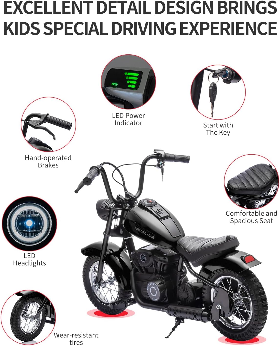 Kids Electric Dirt Bike 250W Chain-Driven Motor, 14-15 MPH Top Speed, LED Lights, Handbrake & Shock Absorbers, 150 lbs Capacity, Black