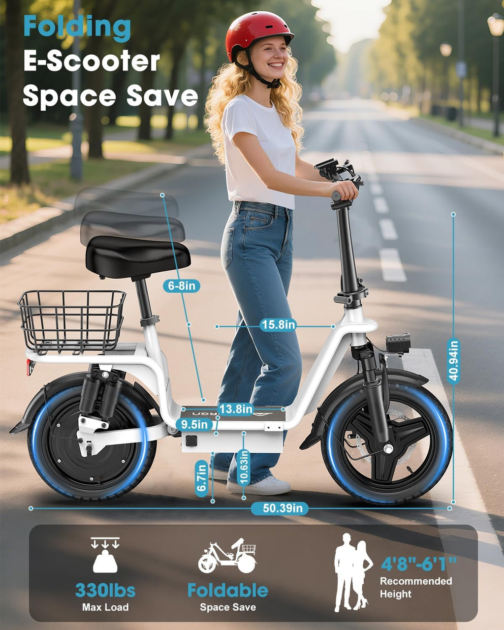 Foldable Electric Scooter with Seat for Adults, 1800W Peak Motor, Up to 42 Miles Range, 20 MPH Top Speed, Rear Basket & 330 lb Capacity