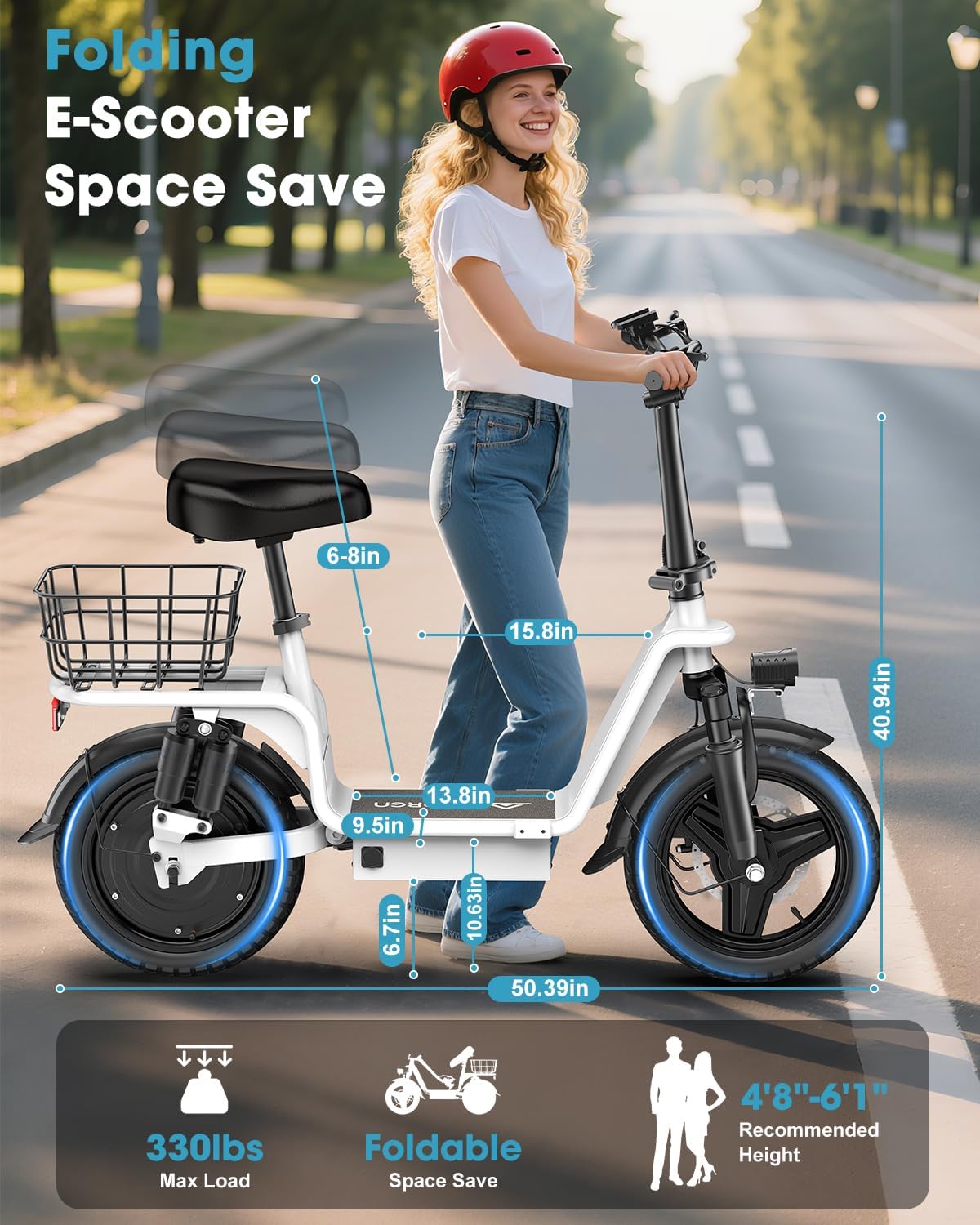 Foldable Electric Scooter with Seat for Adults, 1800W Peak Motor, Up to 42 Miles Range, 20 MPH Top Speed, Rear Basket & 330 lb Capacity