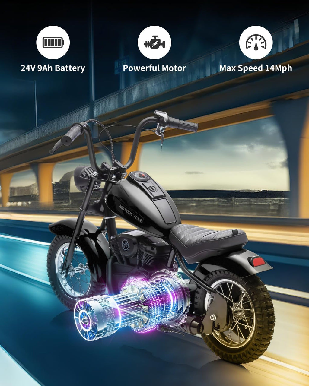 Kids Electric Dirt Bike 250W Chain-Driven Motor, 14-15 MPH Top Speed, LED Lights, Handbrake & Shock Absorbers, 150 lbs Capacity, Black