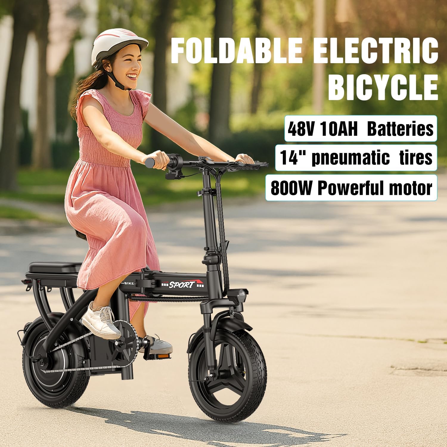 Folding Electric Bike for Adults & Teens – Up to 1200W Peak Motor, 14-Inch Portable E-Bike with Dual Suspension, 3-Speed Modes, Up to 25 MPH & 45-Mile Range