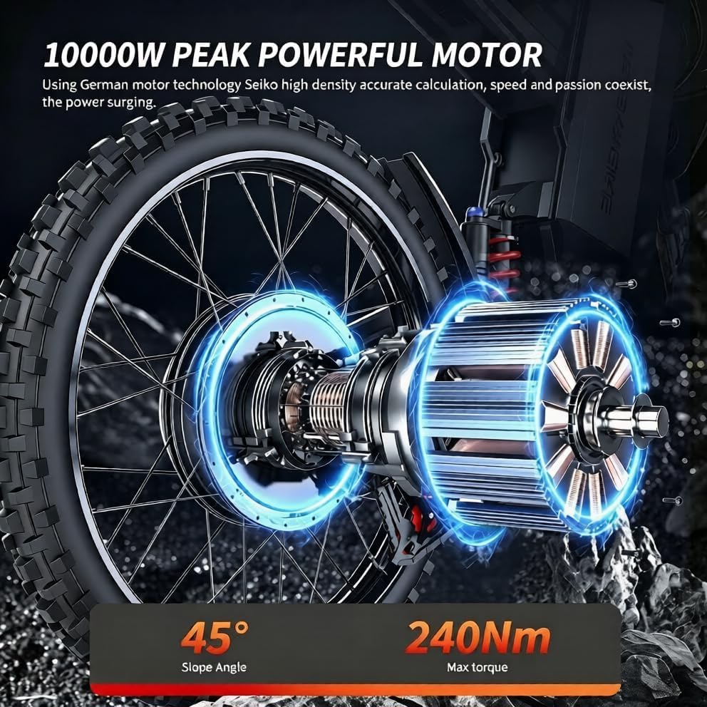 10000W Peak Electric Dirt Bike for Adults & Teens – 50 MPH Off-Road Electric Motorcycle, Full Suspension, Removable Battery