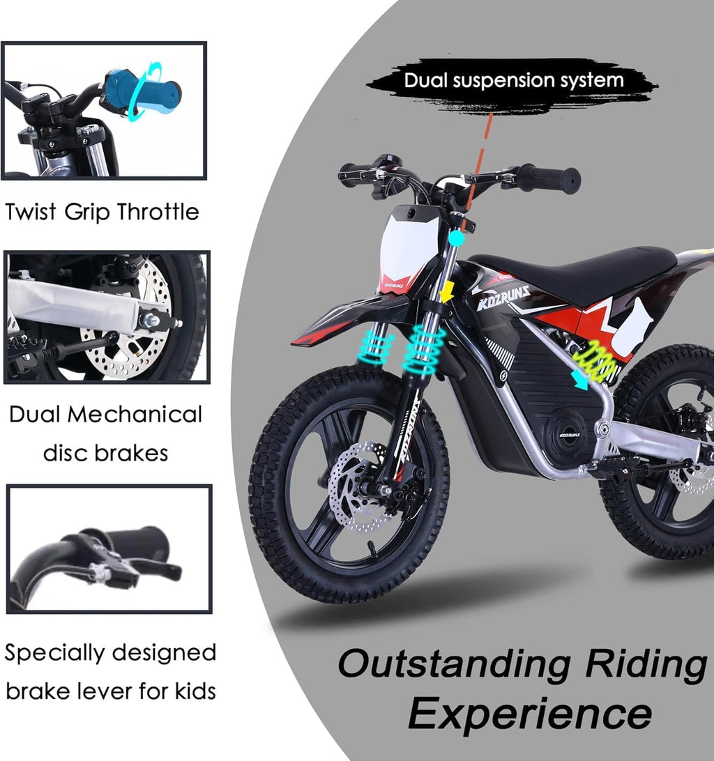 36V Electric Dirt Bike for Kids, 350W Brushless Motor, 3-Speed Control, Up to 18.6 MPH, 14-Inch Off-Road Tires, Black