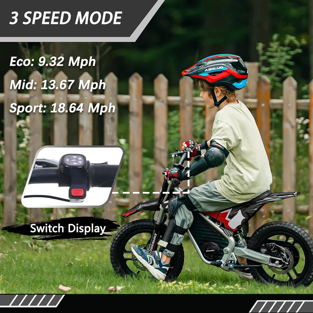 36V Electric Dirt Bike for Kids, 350W Brushless Motor, 3-Speed Control, Up to 18.6 MPH, 14-Inch Off-Road Tires, Black