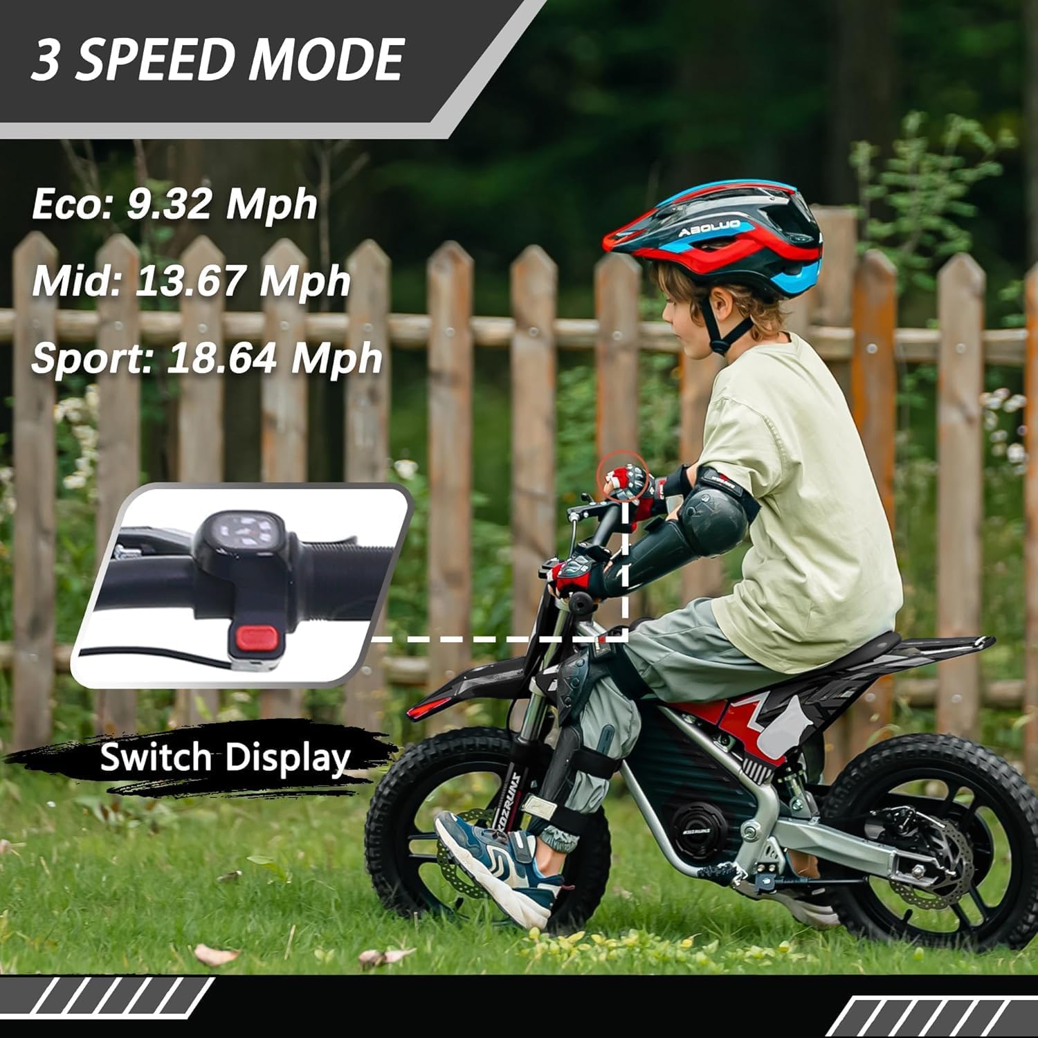 36V Electric Dirt Bike for Kids, 350W Brushless Motor, 3-Speed Control, Up to 18.6 MPH, 14-Inch Off-Road Tires, Black