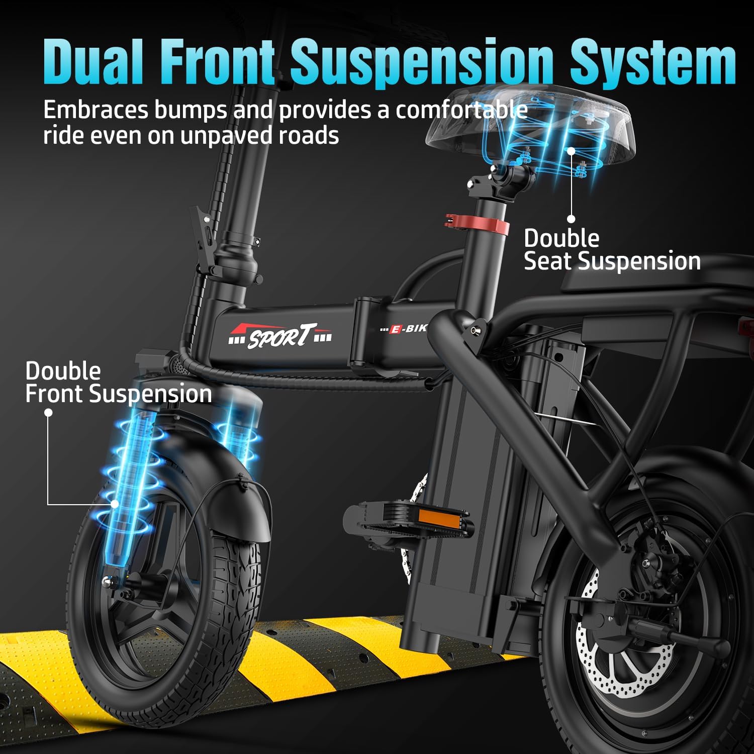 Folding Electric Bike for Adults & Teens – Up to 1200W Peak Motor, 14-Inch Portable E-Bike with Dual Suspension, 3-Speed Modes, Up to 25 MPH & 45-Mile Range