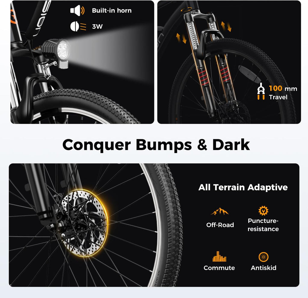 26" Electric Bike for Adults, 1000W Peak Motor, Up to 40-Mile Range, 7-Speed Commuter E-Mountain Bike with Front Suspension