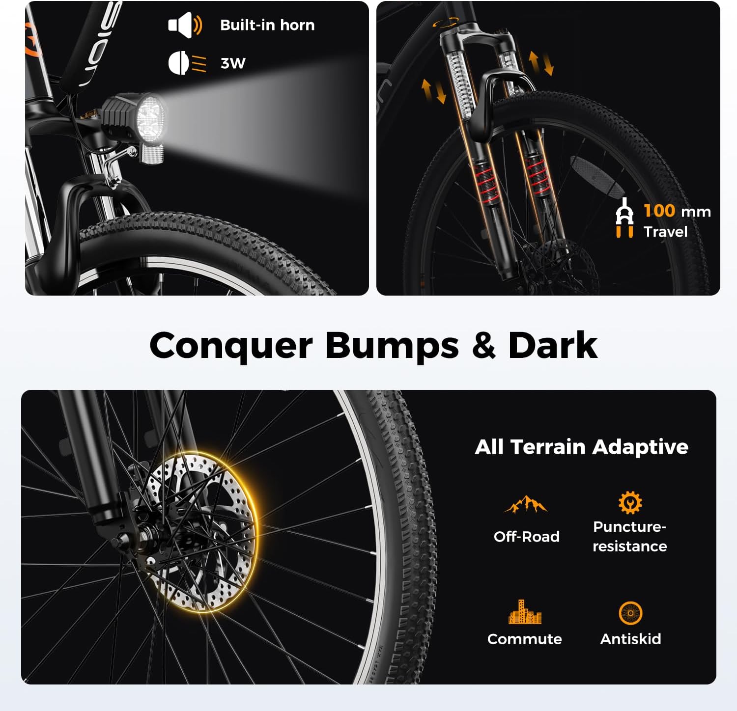 26" Electric Bike for Adults, 1000W Peak Motor, Up to 40-Mile Range, 7-Speed Commuter E-Mountain Bike with Front Suspension