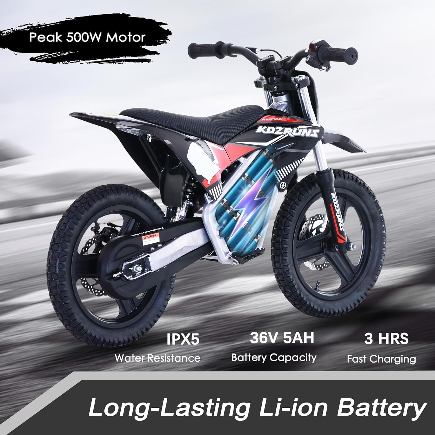 36V Electric Dirt Bike for Kids, 350W Brushless Motor, 3-Speed Control, Up to 18.6 MPH, 14-Inch Off-Road Tires, Black
