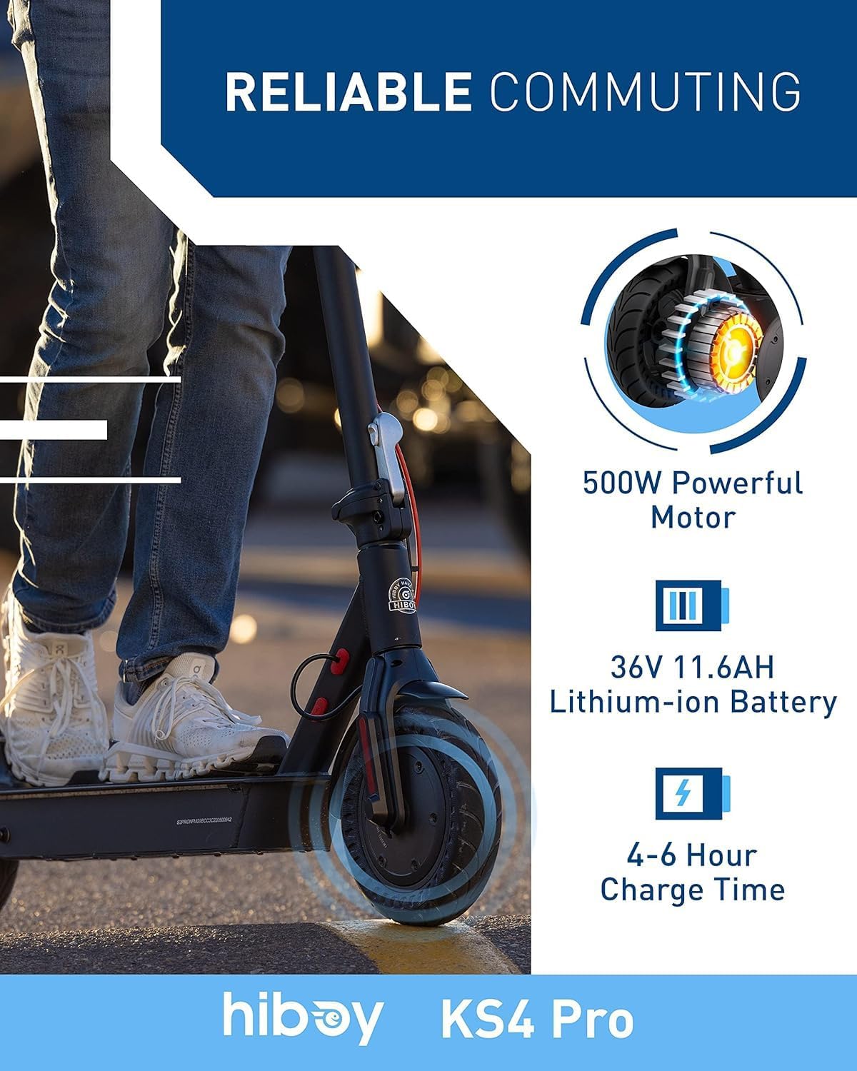 Electric Scooter, 500W Motor (750W Peak), 10" Honeycomb Tires, Up to 25 Miles Range