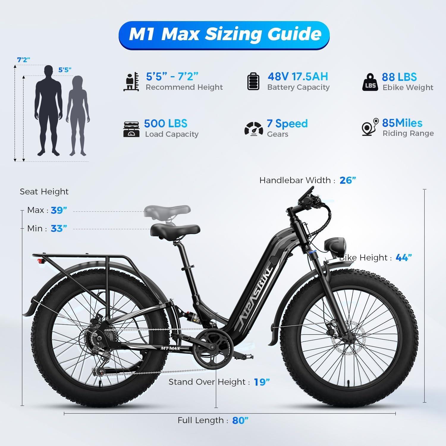 26" Fat Tire Electric Mountain Bike for Adults with 1800W Peak Motor, Air Suspension, Hydraulic Disc Brakes & Long-Range Performance