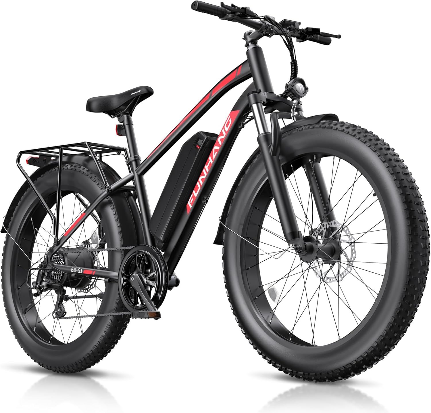 1000W Peak Electric Mountain Bike for Adults – 26-Inch Fat Tire E-Bike with Front Suspension, 7-Speed Gear System, Rear Rack & Up to 60-Mile Range