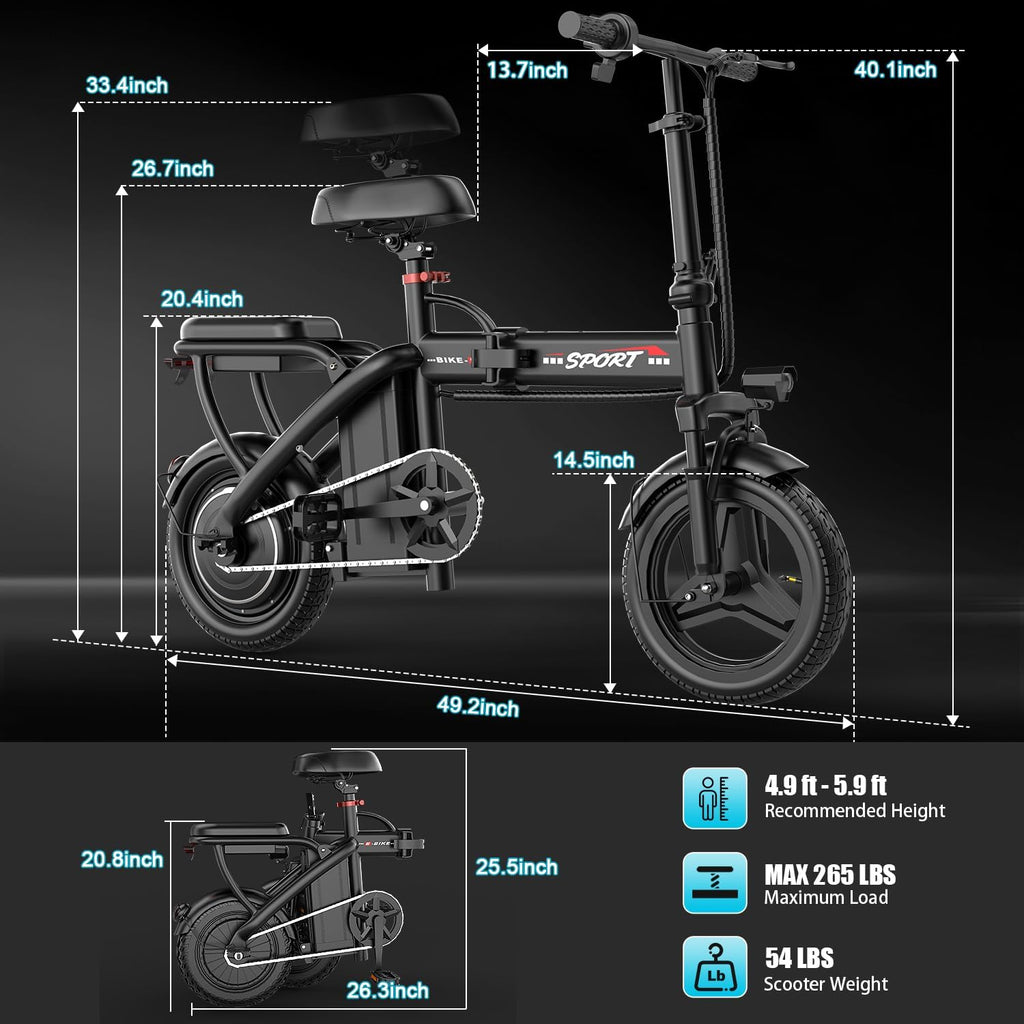 Folding Electric Bike for Adults & Teens – Up to 1200W Peak Motor, 14-Inch Portable E-Bike with Dual Suspension, 3-Speed Modes, Up to 25 MPH & 45-Mile Range