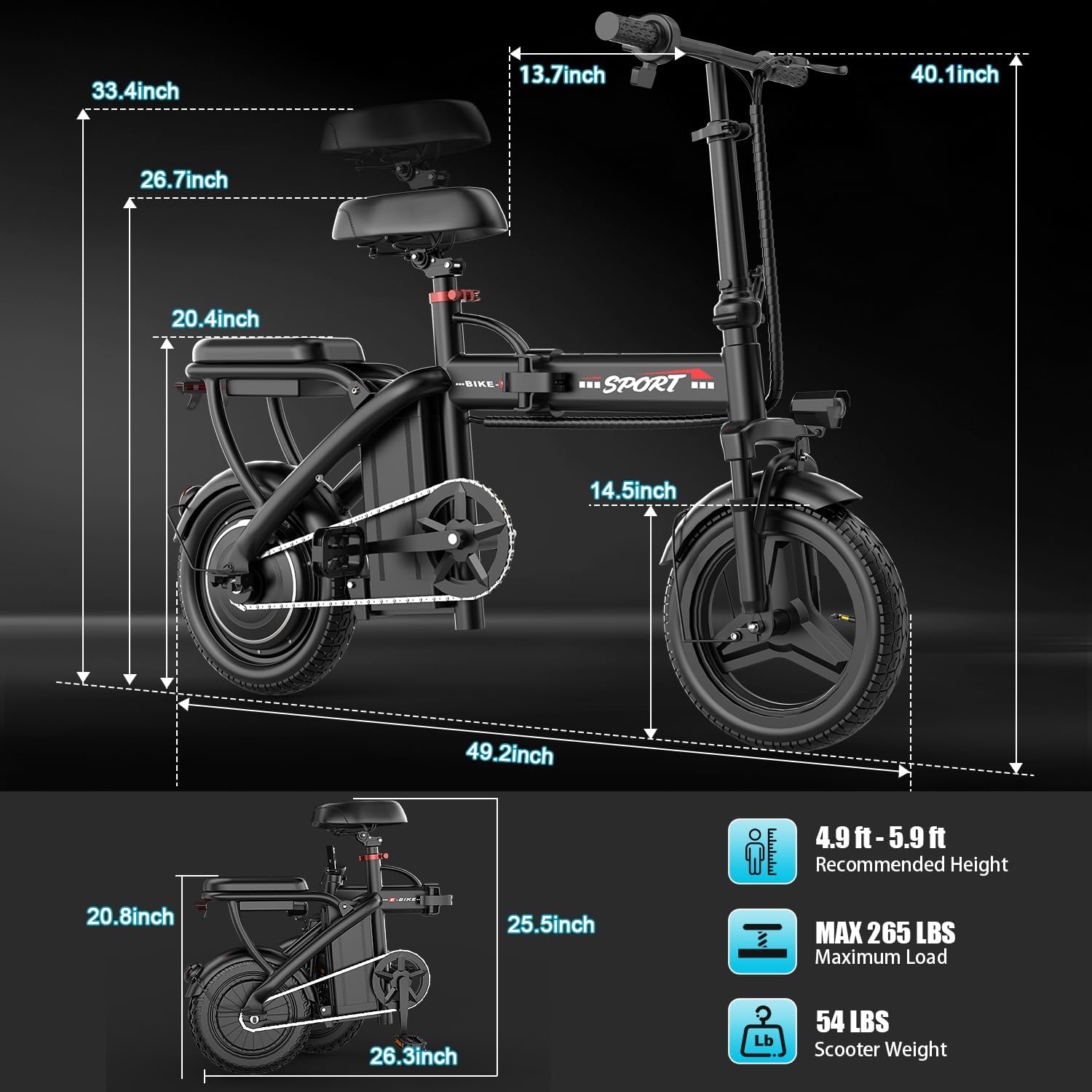 Folding Electric Bike for Adults & Teens – Up to 1200W Peak Motor, 14-Inch Portable E-Bike with Dual Suspension, 3-Speed Modes, Up to 25 MPH & 45-Mile Range