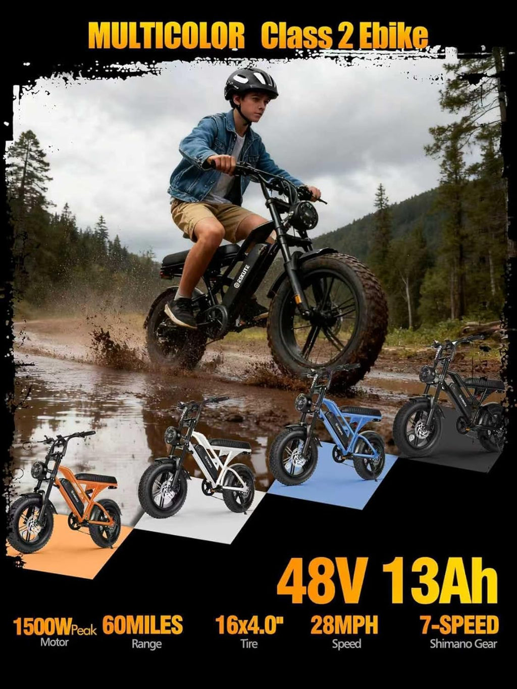 1500W Peak Electric Dirt Bike for Adults – 16" Fat Tire E-Bike, 20+ MPH Top Speed, Up to 60 Miles Range, Dual Suspension