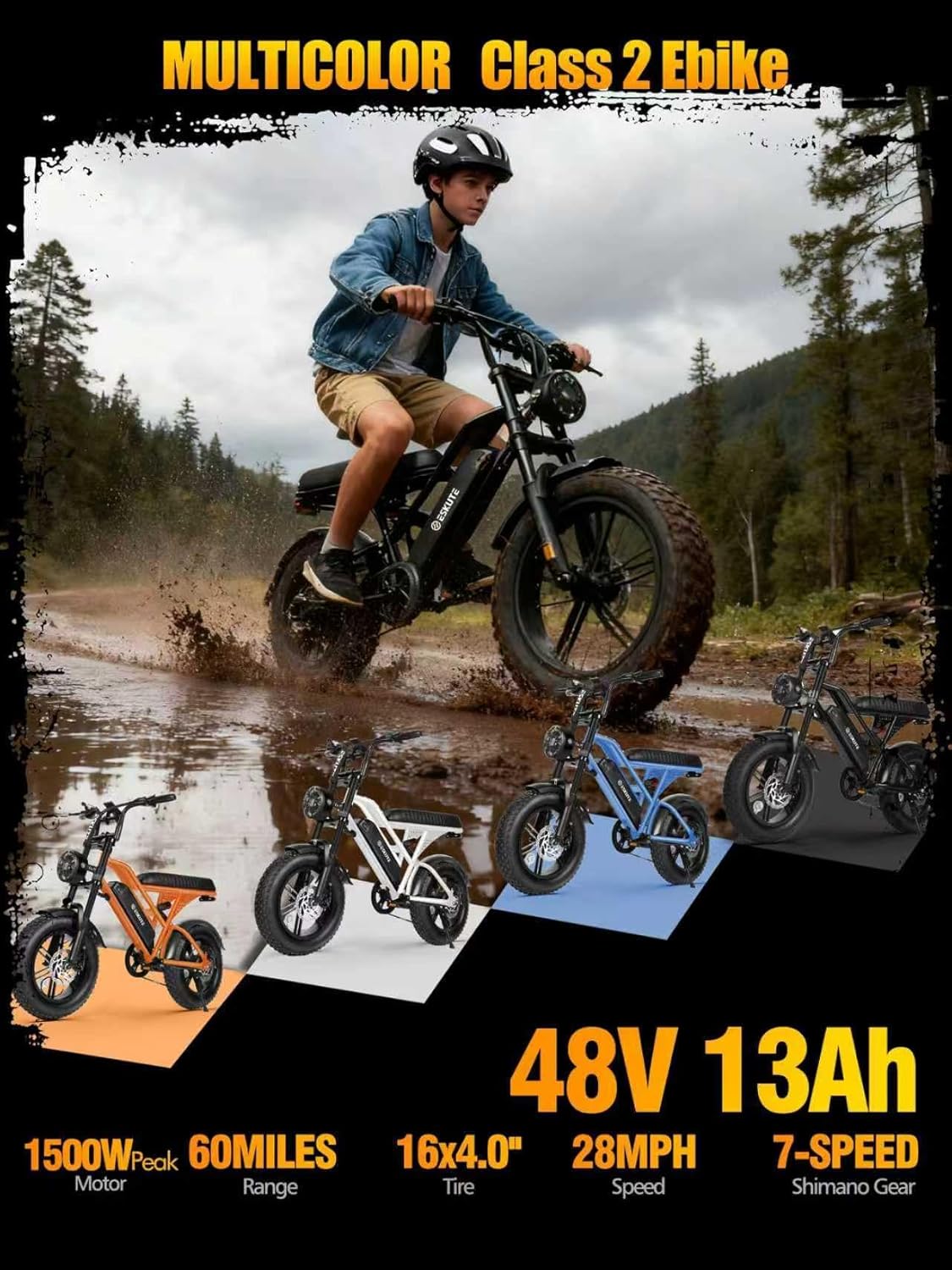 1500W Peak Electric Dirt Bike for Adults – 16" Fat Tire E-Bike, 20+ MPH Top Speed, Up to 60 Miles Range, Dual Suspension