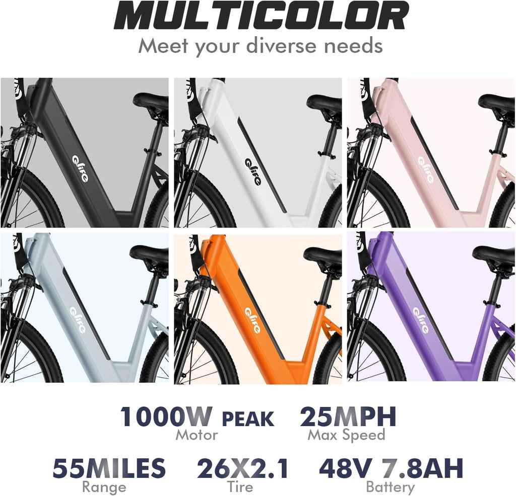 Step-Through Electric Bike for Adults & Teens, 1000W Peak Motor, Up to 55-Mile Range, 7-Speed Commuter E-Bike