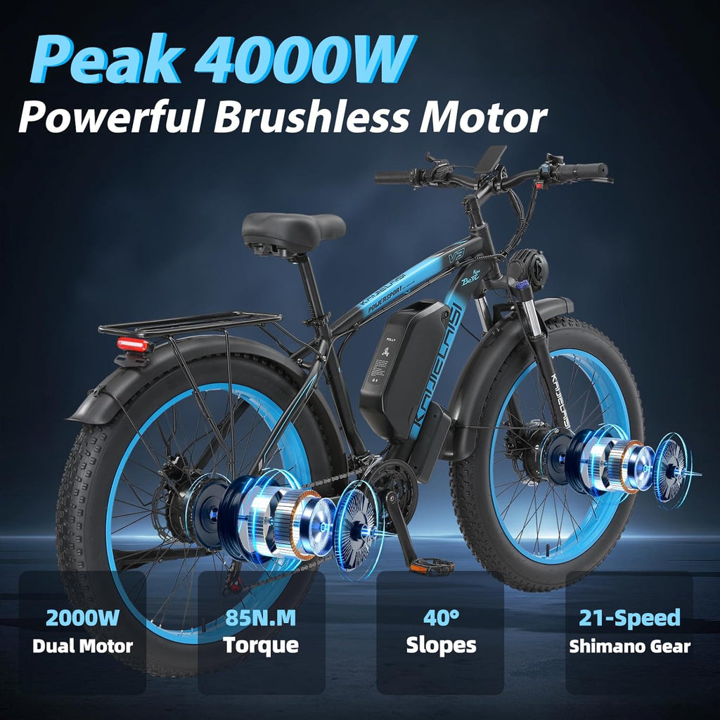 4000W Peak AWD Dual Motor Electric Bike for Adults – 26" Fat Tire E-Bike, 21-Speed, Dual Hydraulic Brakes
