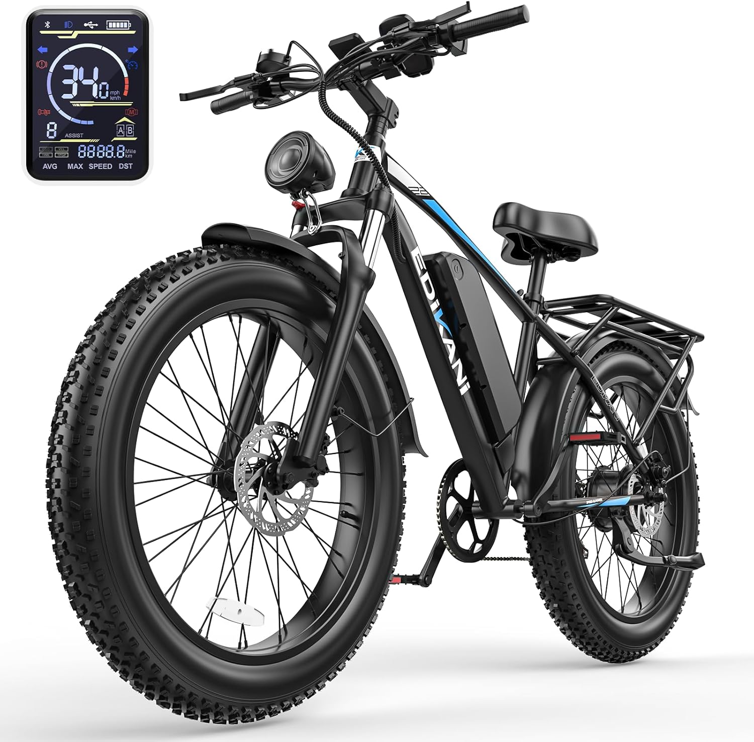 2000W Peak Electric Bike for Adults – 26" Fat Tire E-Bike, 34 MPH Top Speed, Up to 100 Miles Range, Removable Battery