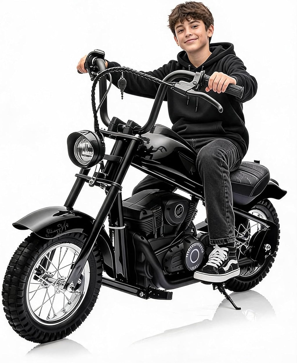Kids Electric Dirt Bike 250W Chain-Driven Motor, 14-15 MPH Top Speed, LED Lights, Handbrake & Shock Absorbers, 150 lbs Capacity, Black