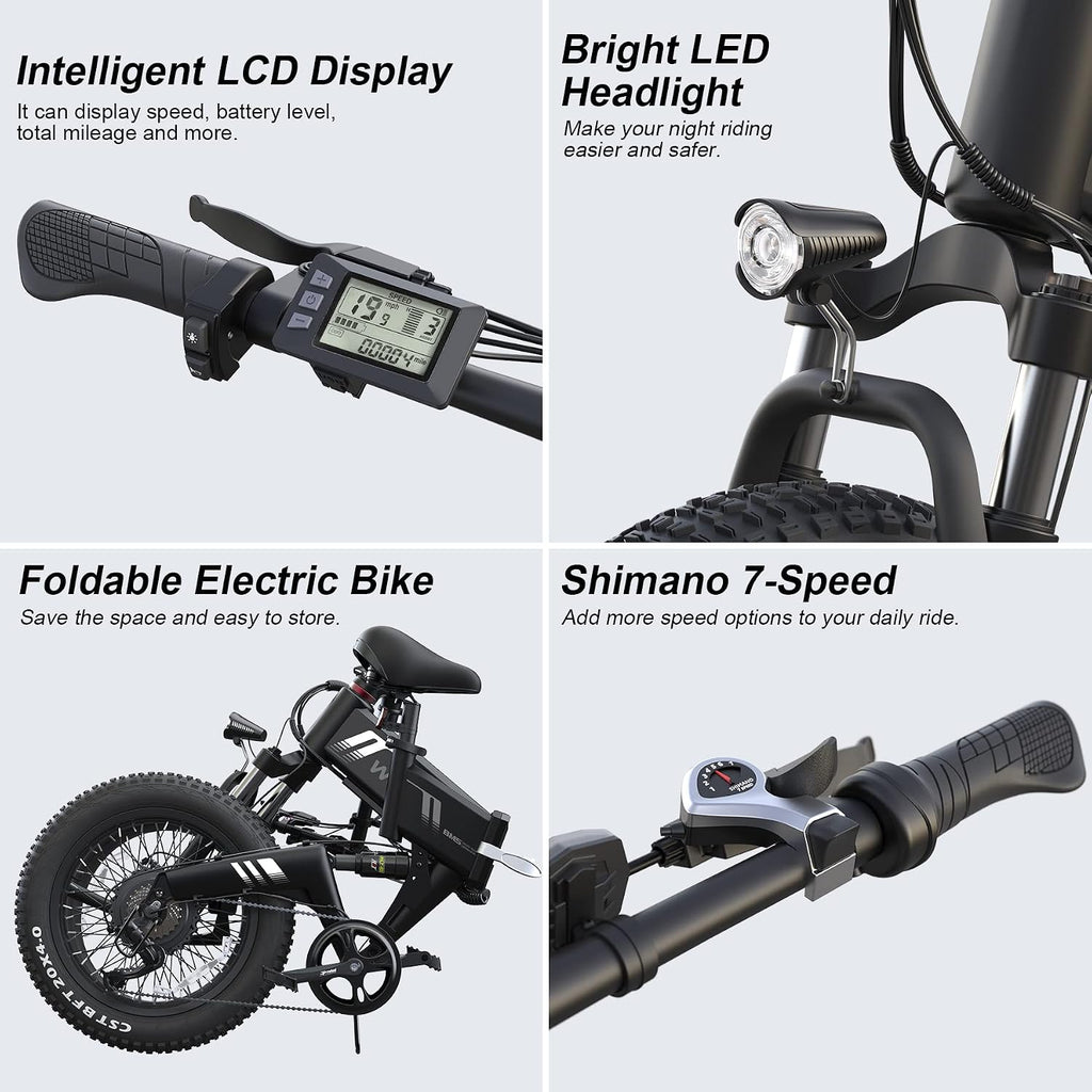 20" Fat Tire Folding Electric Bike for Adults with 1000W Peak Motor, 7-Speed Gear System, Shock Absorber & Up to 20 MPH