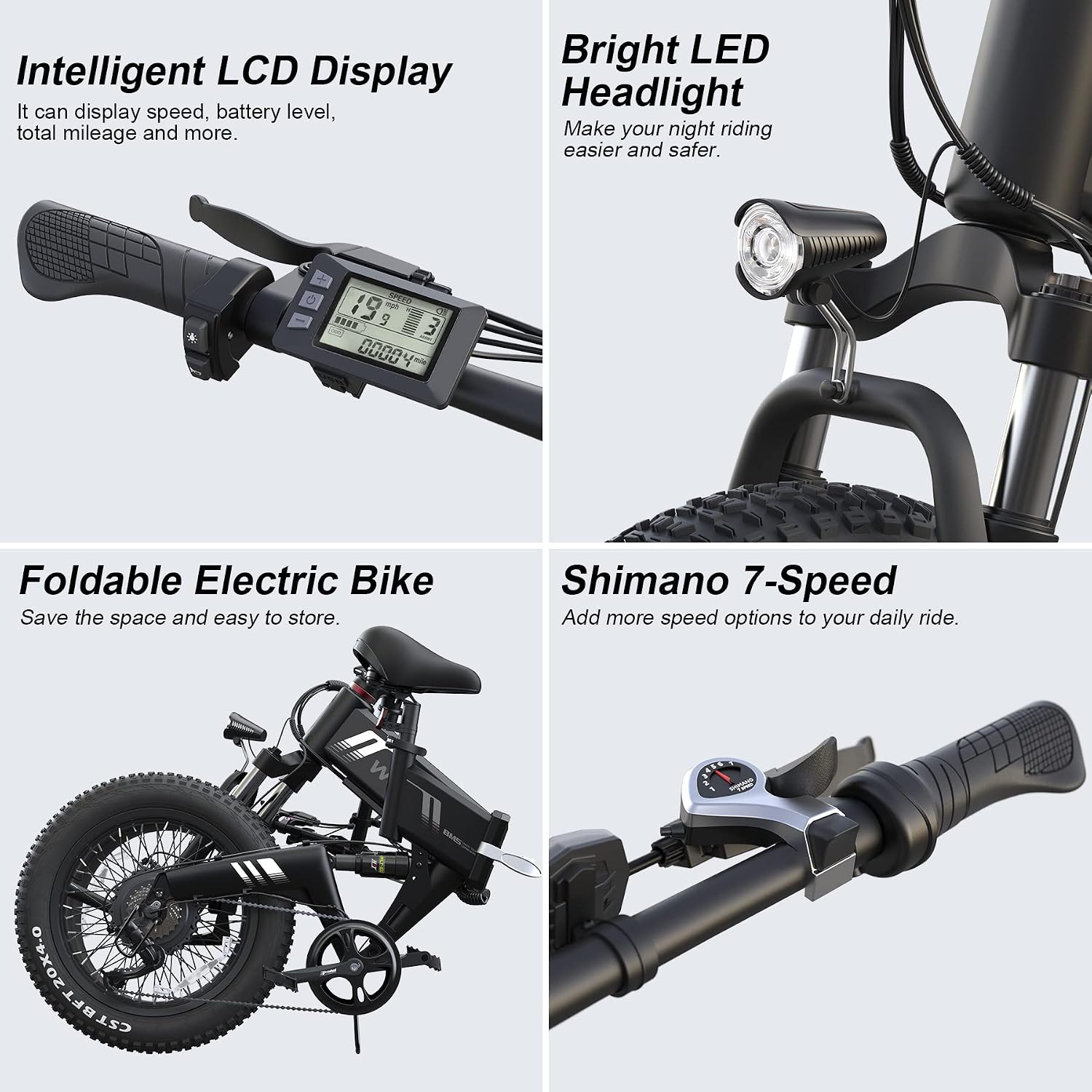 20" Fat Tire Folding Electric Bike for Adults with 1000W Peak Motor, 7-Speed Gear System, Shock Absorber & Up to 20 MPH