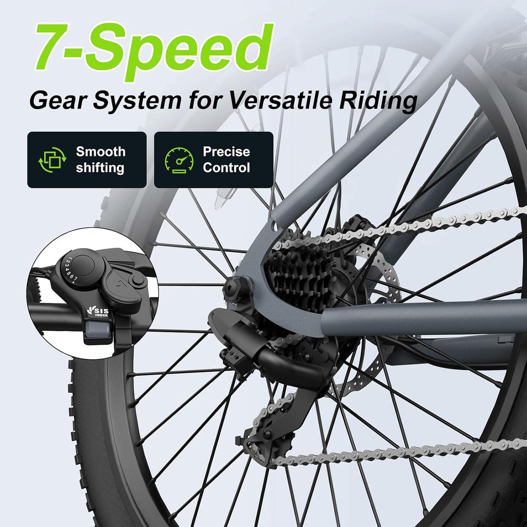 24" Electric Mountain Bike for Adults with 1000W Peak Motor, Full Suspension, 7-Speed Gear System & Commuter Design