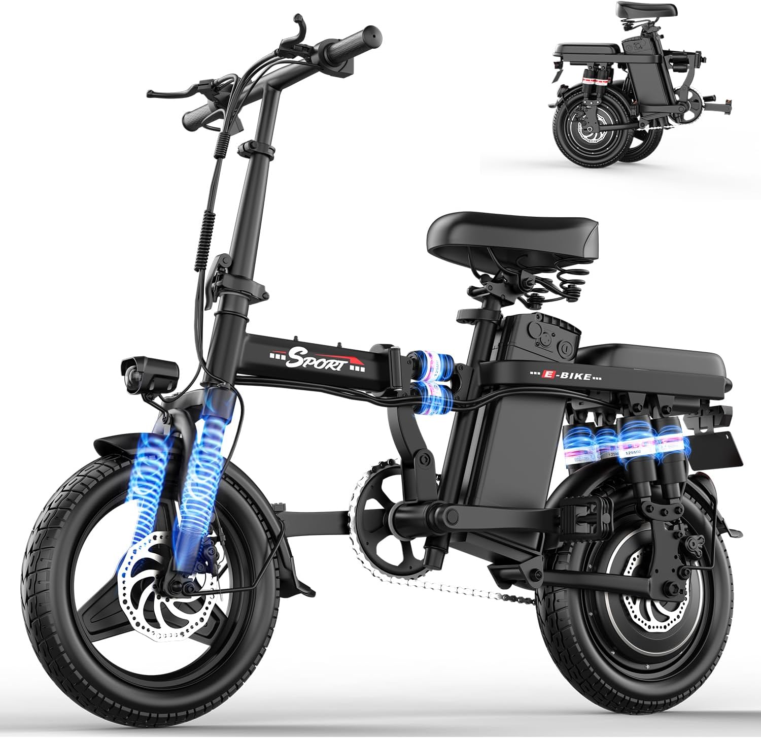Folding Electric Bike for Adults & Teens – Up to 1200W Peak Motor, 14-Inch Portable E-Bike with Dual Suspension, 3-Speed Modes, Up to 25 MPH & 45-Mile Range