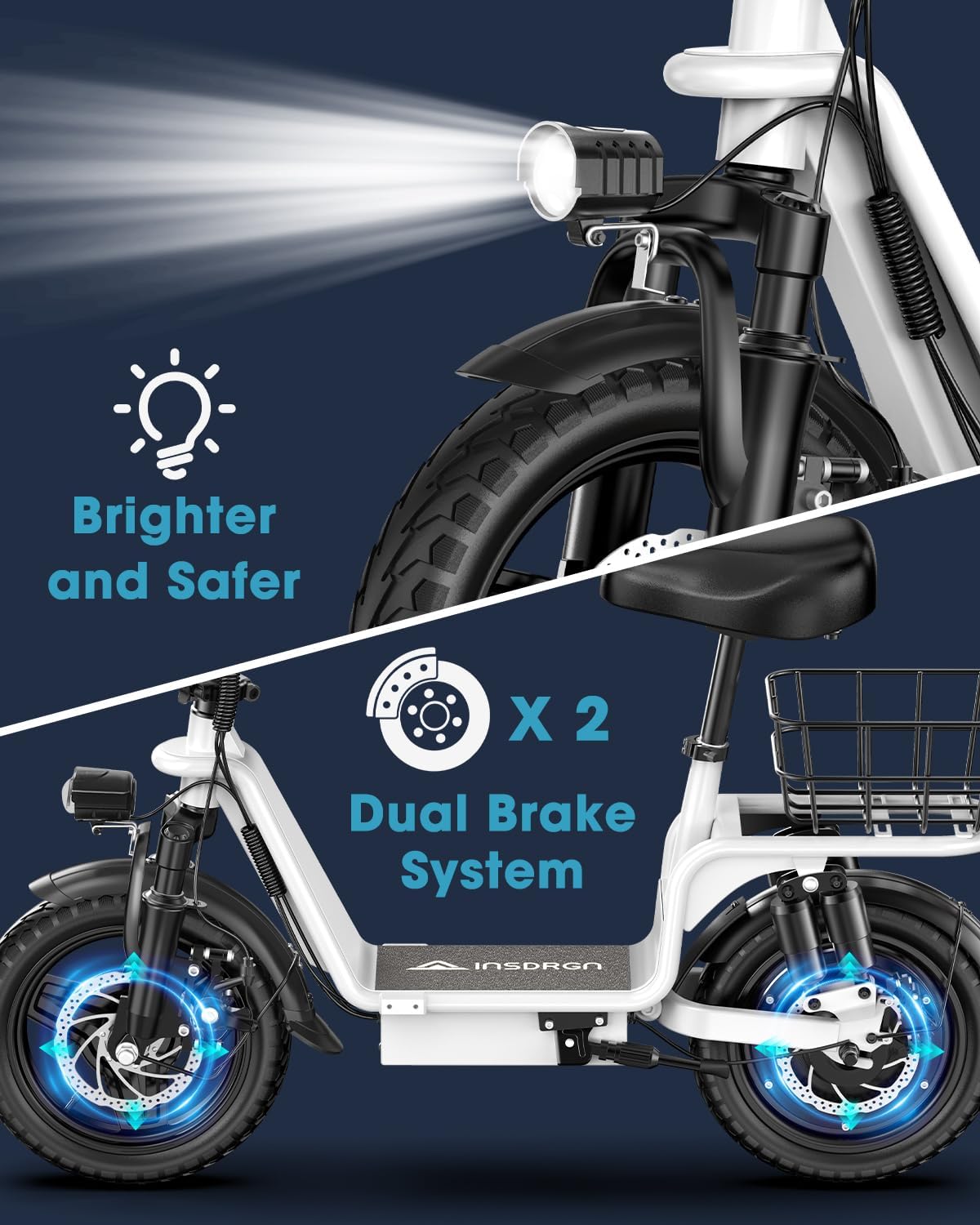 Foldable Electric Scooter with Seat for Adults, 1800W Peak Motor, Up to 42 Miles Range, 20 MPH Top Speed, Rear Basket & 330 lb Capacity