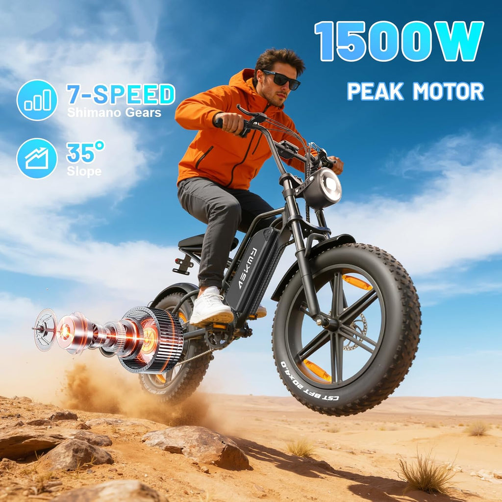 20" Fat Tire Electric Bike for Adults, 1000W Peak Motor, Up to 60-Mile Range, All-Terrain E-Bike, UL 2849 Certified