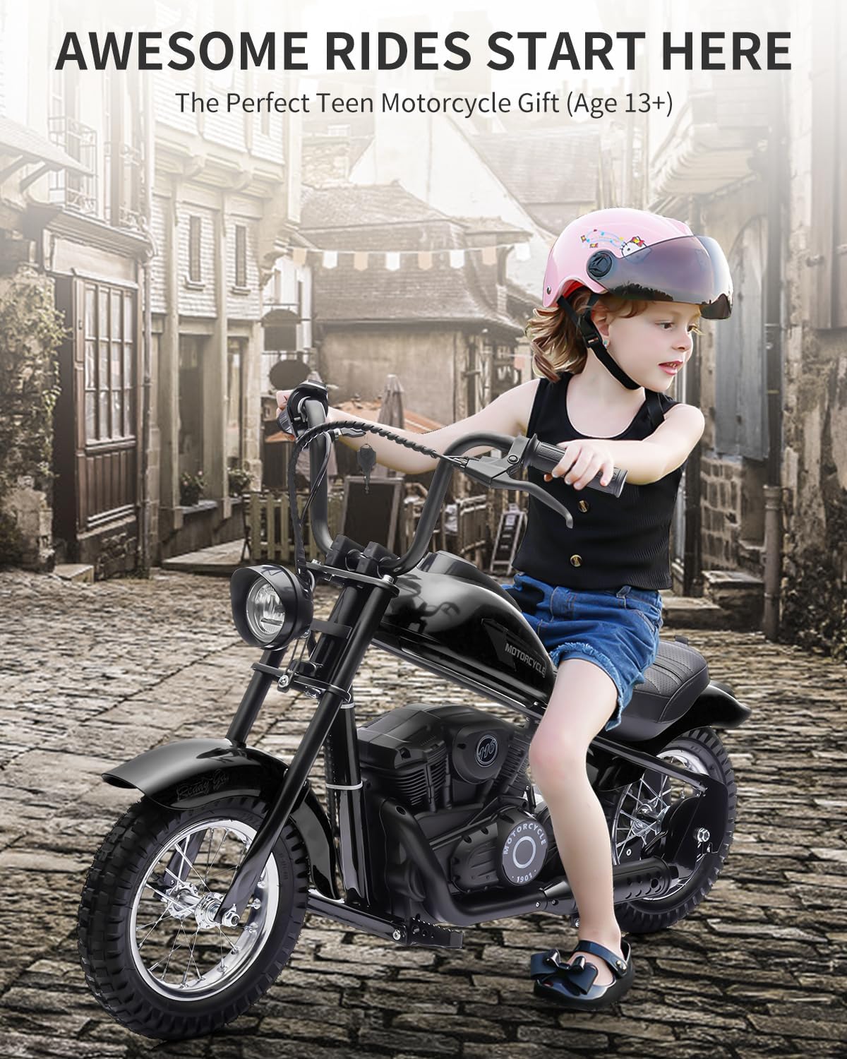 Kids Electric Dirt Bike 250W Chain-Driven Motor, 14-15 MPH Top Speed, LED Lights, Handbrake & Shock Absorbers, 150 lbs Capacity, Black
