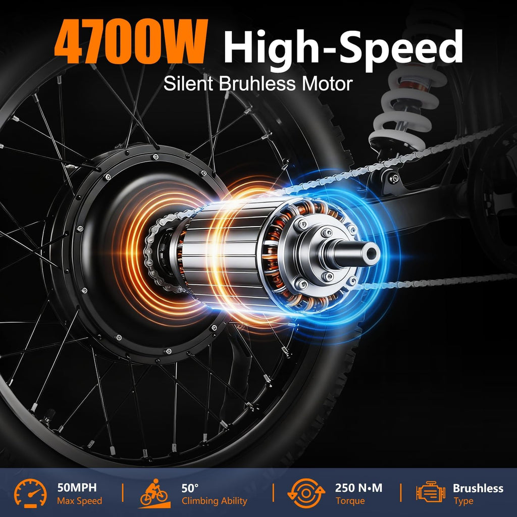4700W Peak Electric Dirt Bike for Adults & Teens – 50 MPH Off-Road E-Bike, Up to 130 Miles Range, Dual Suspension