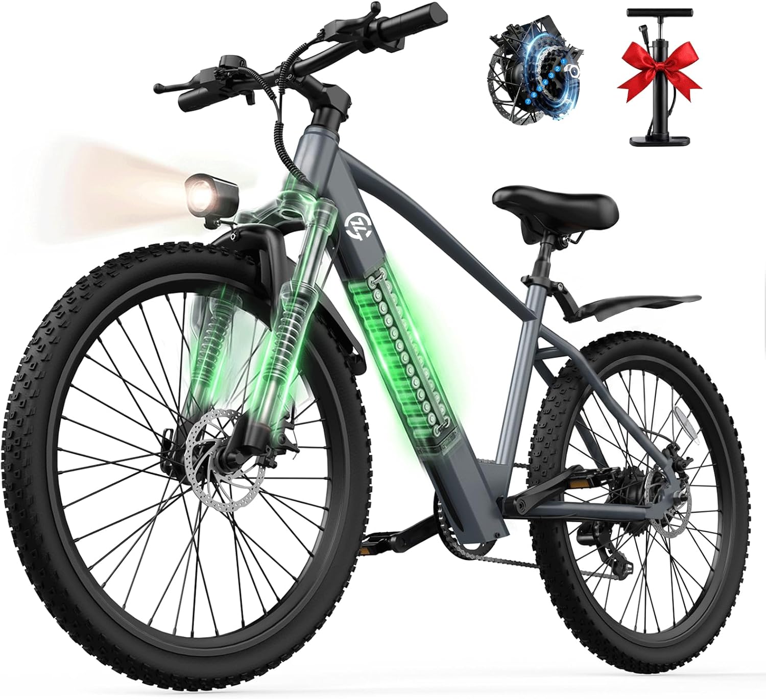 24" Electric Mountain Bike for Adults with 1000W Peak Motor, Full Suspension, 7-Speed Gear System & Commuter Design