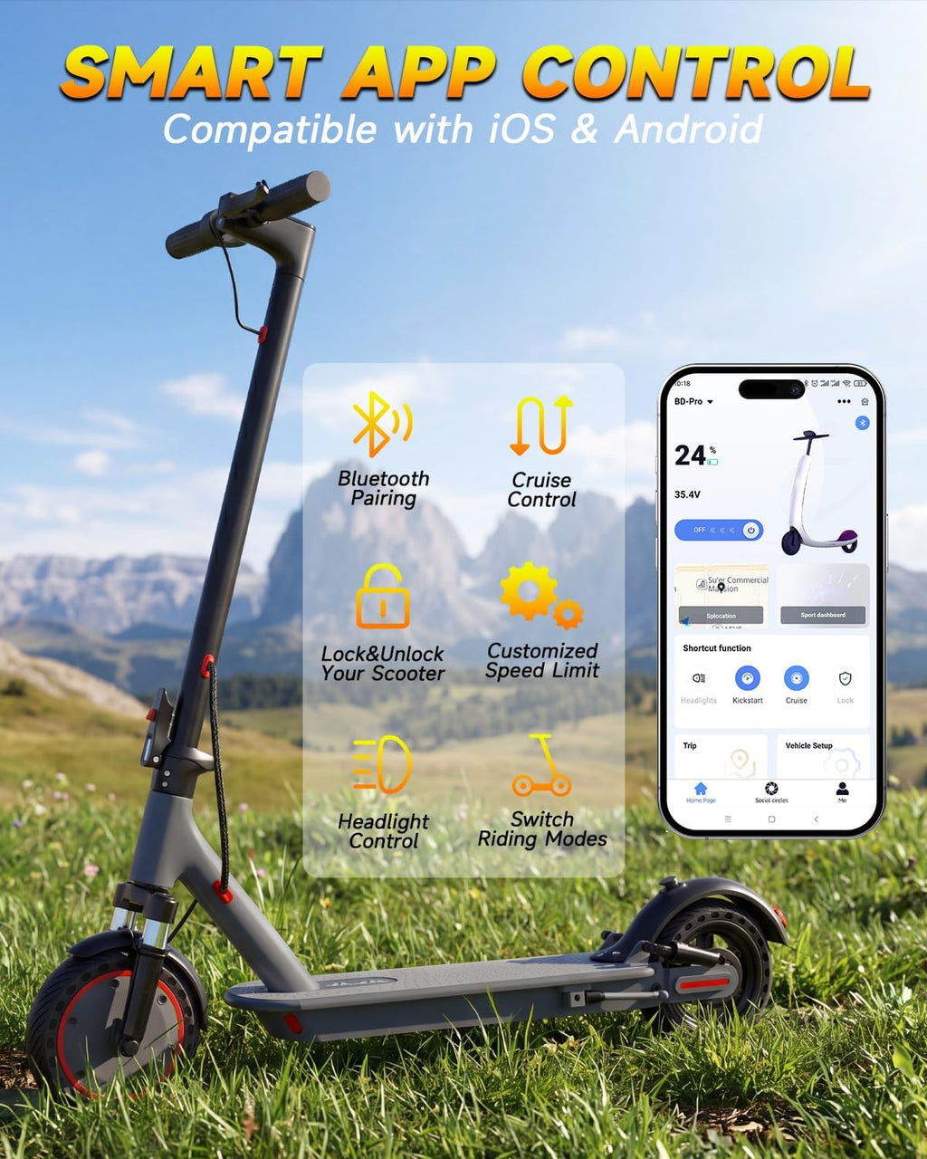 Electric Scooter with Dual Suspensions, 19/22MPH, 500W/800WMotor,