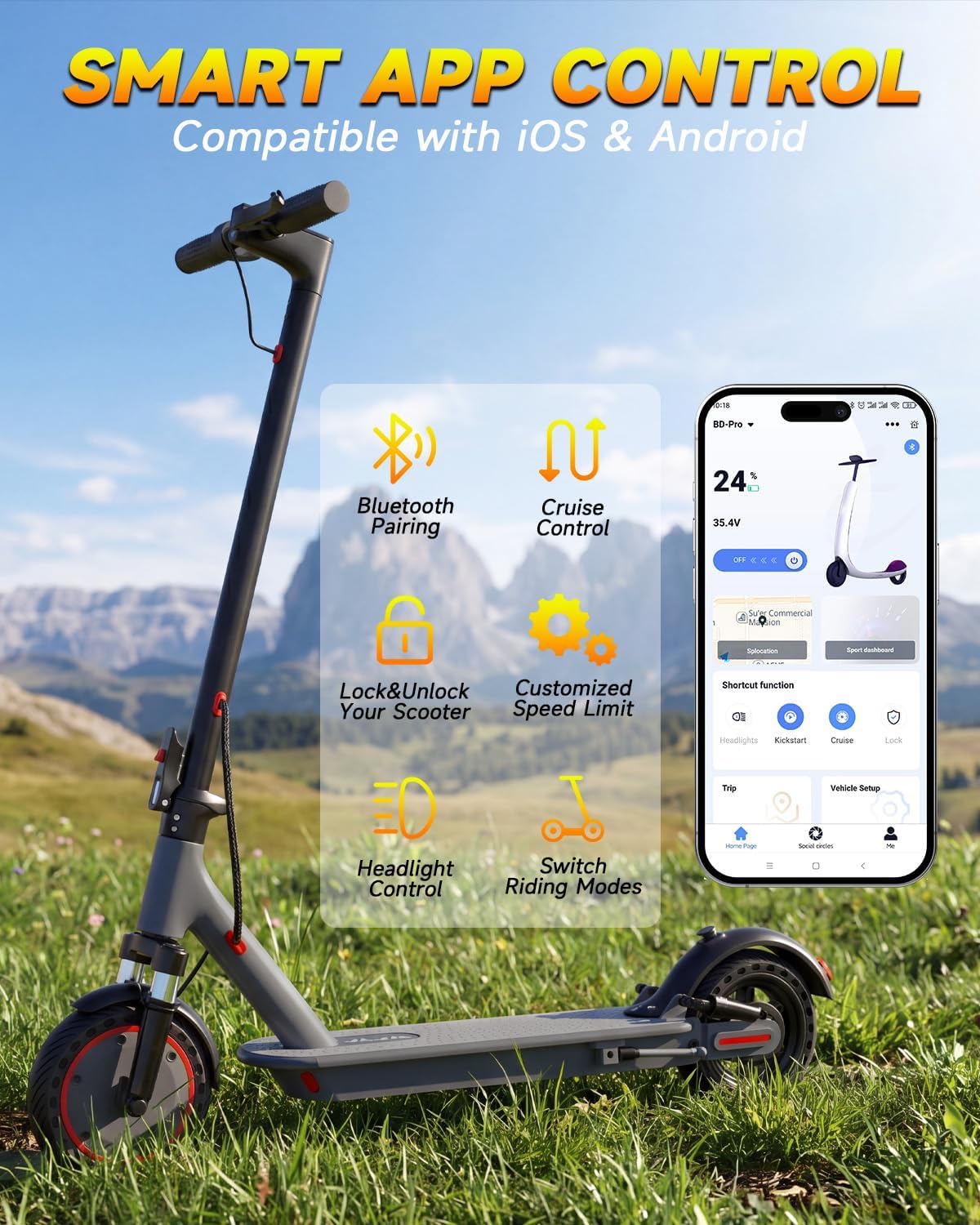 Electric Scooter with Dual Suspensions, 19/22MPH, 500W/800WMotor,